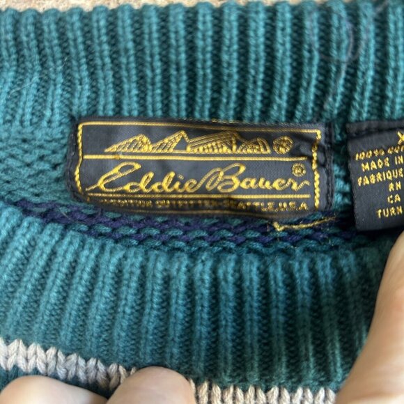 Eddie Bauer Vintage 90s Preppy Green Striped Cotton Sweater Size XLT - Picture 4 of 7